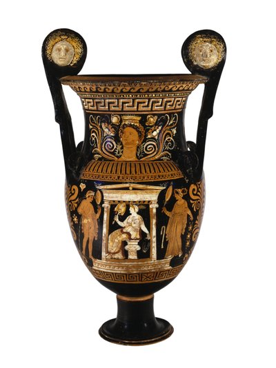 Apulian red-figure volute crater decorated with a seated woman and her two attendants, c.340-320 BC by Greek